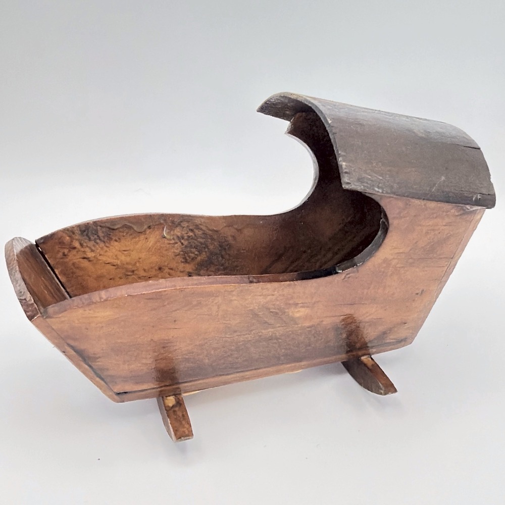 Antique Doll Cradle Hand Carved Wood Miniature Arched Canopy Brown